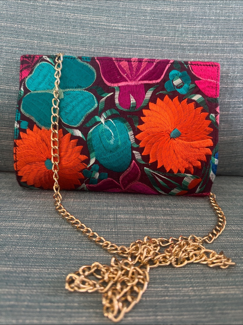 Embroidered Floral Crossbody Clutch in Teal, Orange & Magenta